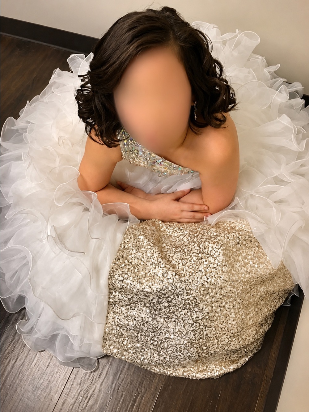 Mac Duggal Girls White and Gold One-Shoulder Sequin Ball Gown